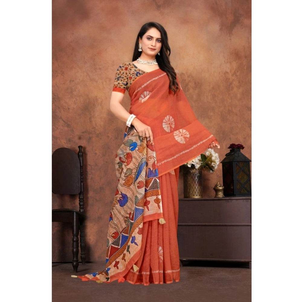 Generic Women's Linen Printed Saree With Unstitched Blouse 5.5Mtr (Red) - MYLUXURY LANE ENTERPRISE