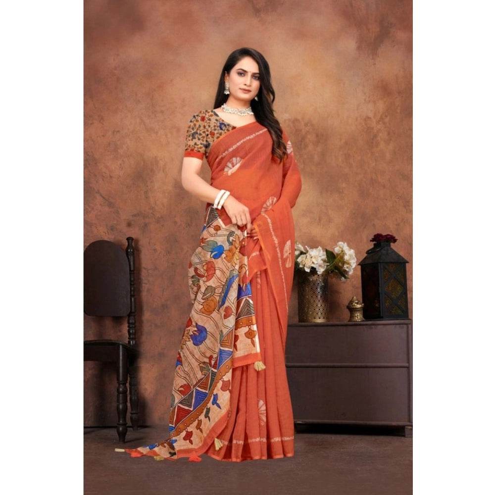 Generic Women's Linen Printed Saree With Unstitched Blouse 5.5Mtr (Red) - MYLUXURY LANE ENTERPRISE