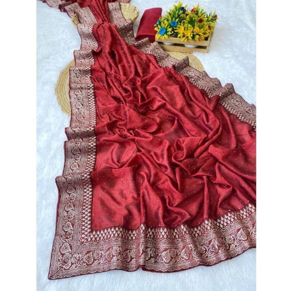 Generic Women's Silk Embroidred Saree With Unstitched Blouse 5.5Mtr (Red) - MYLUXURY LANE ENTERPRISE
