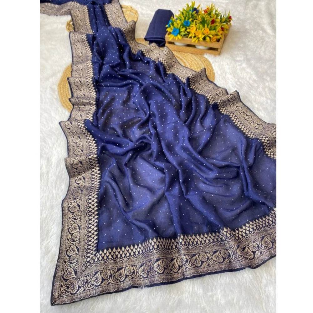 Generic Women's Silk Embroidred Saree With Unstitched Blouse 5.5Mtr (Blue) - MYLUXURY LANE ENTERPRISE