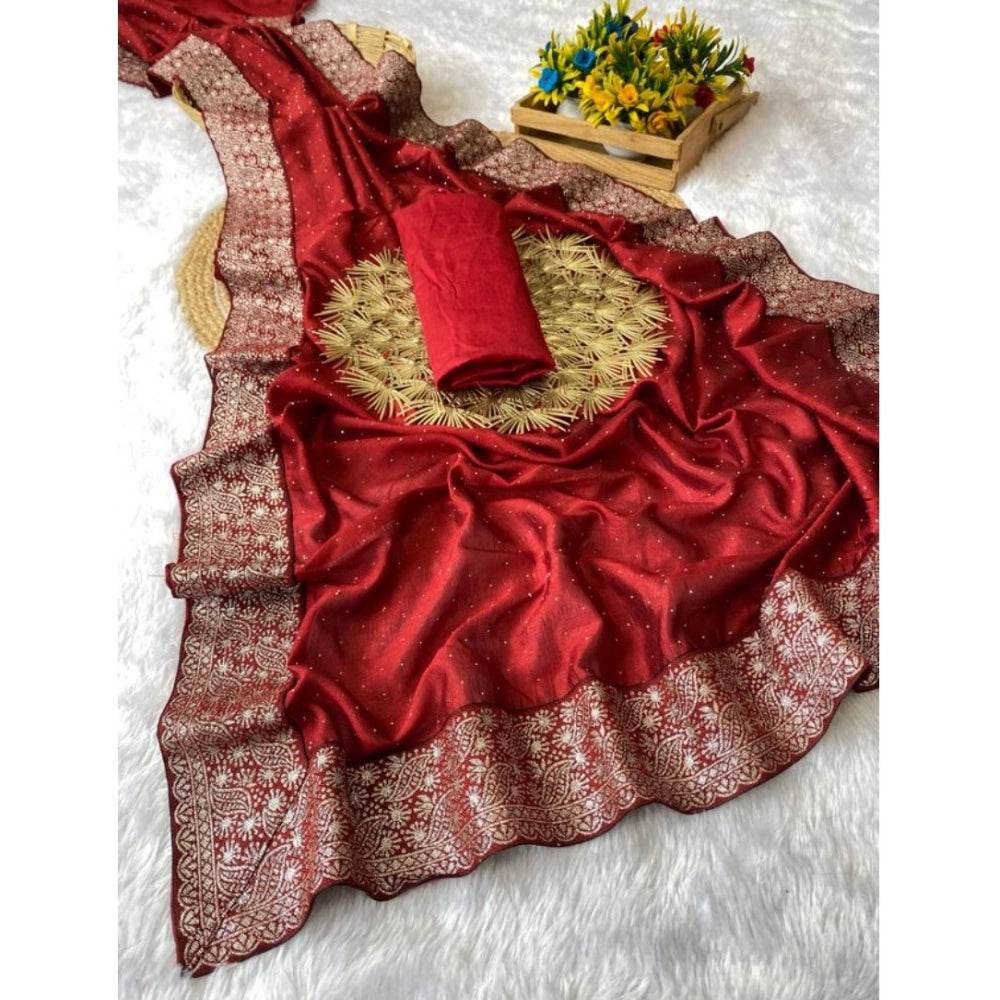 Generic Women's Silk Embroidred Saree With Unstitched Blouse 5.5Mtr (Red) - MYLUXURY LANE ENTERPRISE
