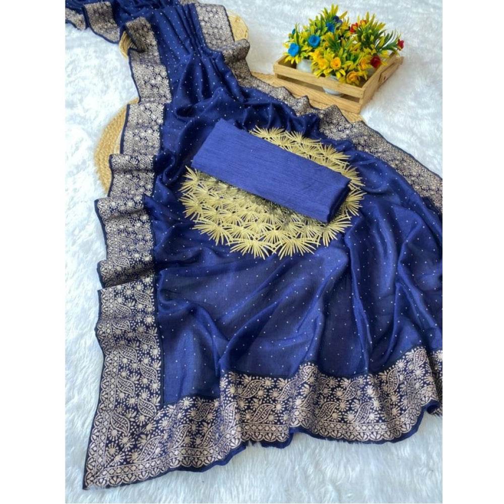 Generic Women's Silk Embroidred Saree With Unstitched Blouse 5.5Mtr (Blue) - MYLUXURY LANE ENTERPRISE