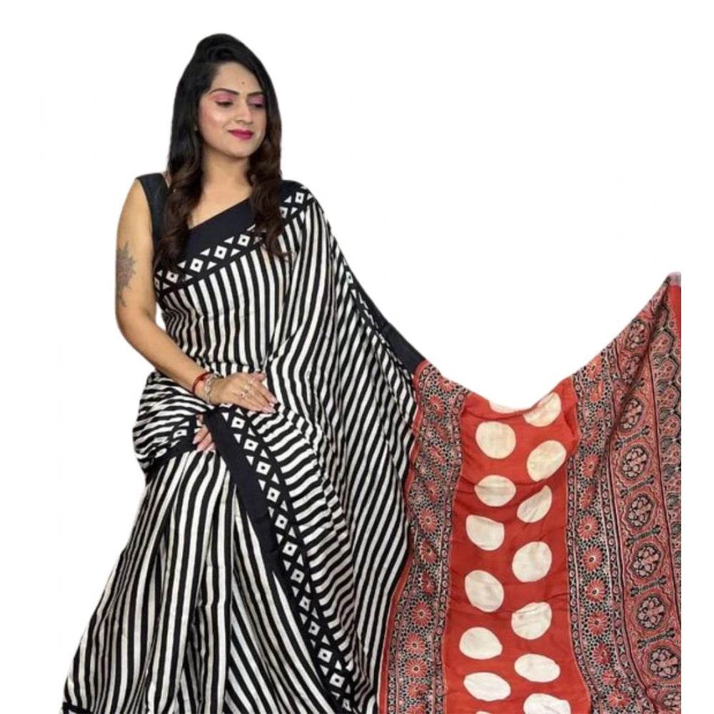 Generic Women's Satin Printed Saree With Unstitched Blouse 5.5Mtr (Black) - MYLUXURY LANE ENTERPRISE