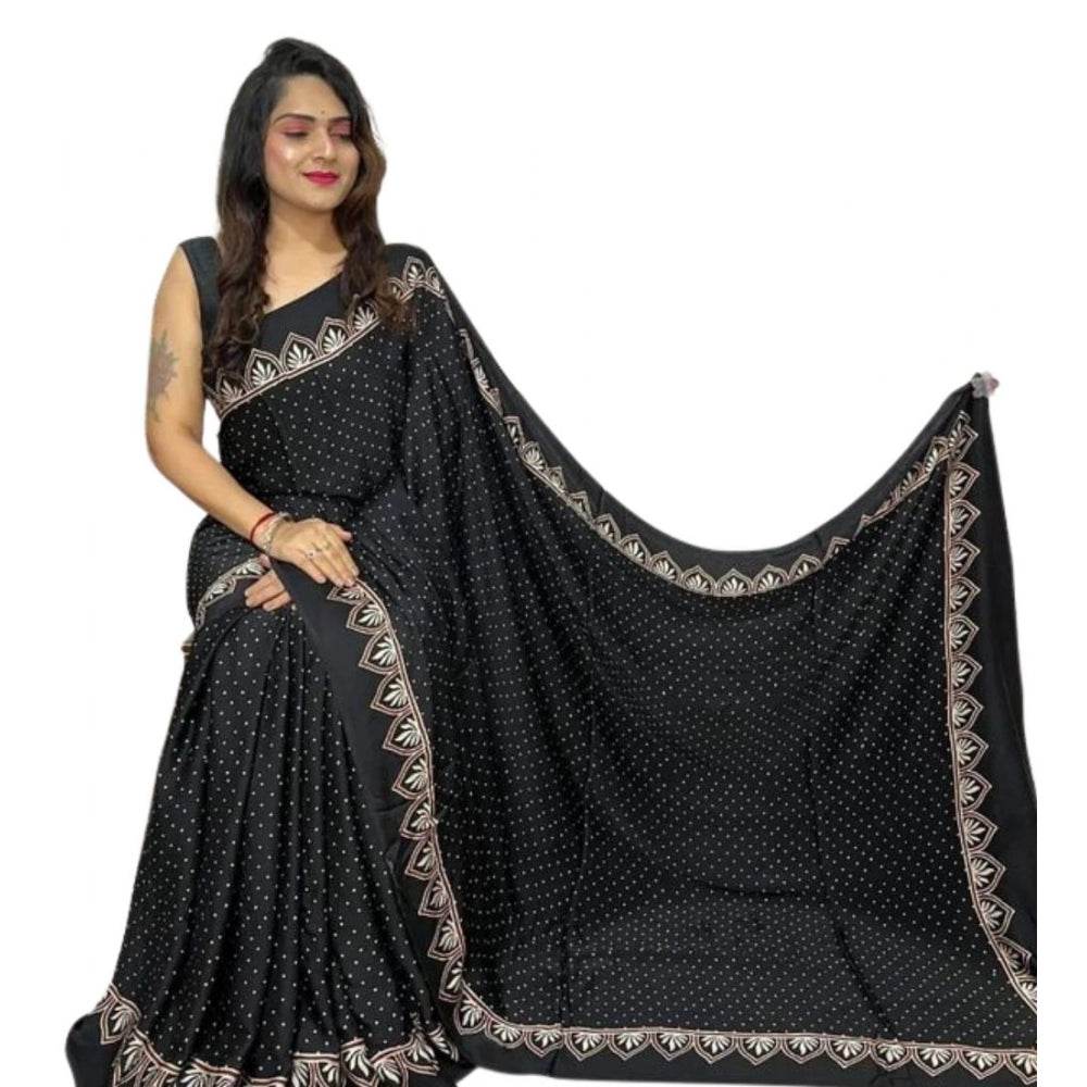 Generic Women's Satin Printed Saree With Unstitched Blouse 5.5Mtr (Black) - MYLUXURY LANE ENTERPRISE