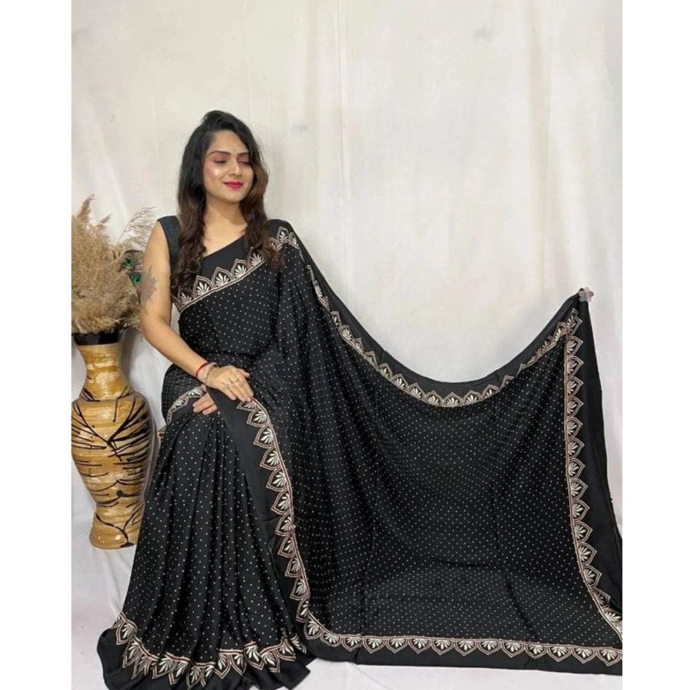 Generic Women's Satin Printed Saree With Unstitched Blouse 5.5Mtr (Black) - MYLUXURY LANE ENTERPRISE