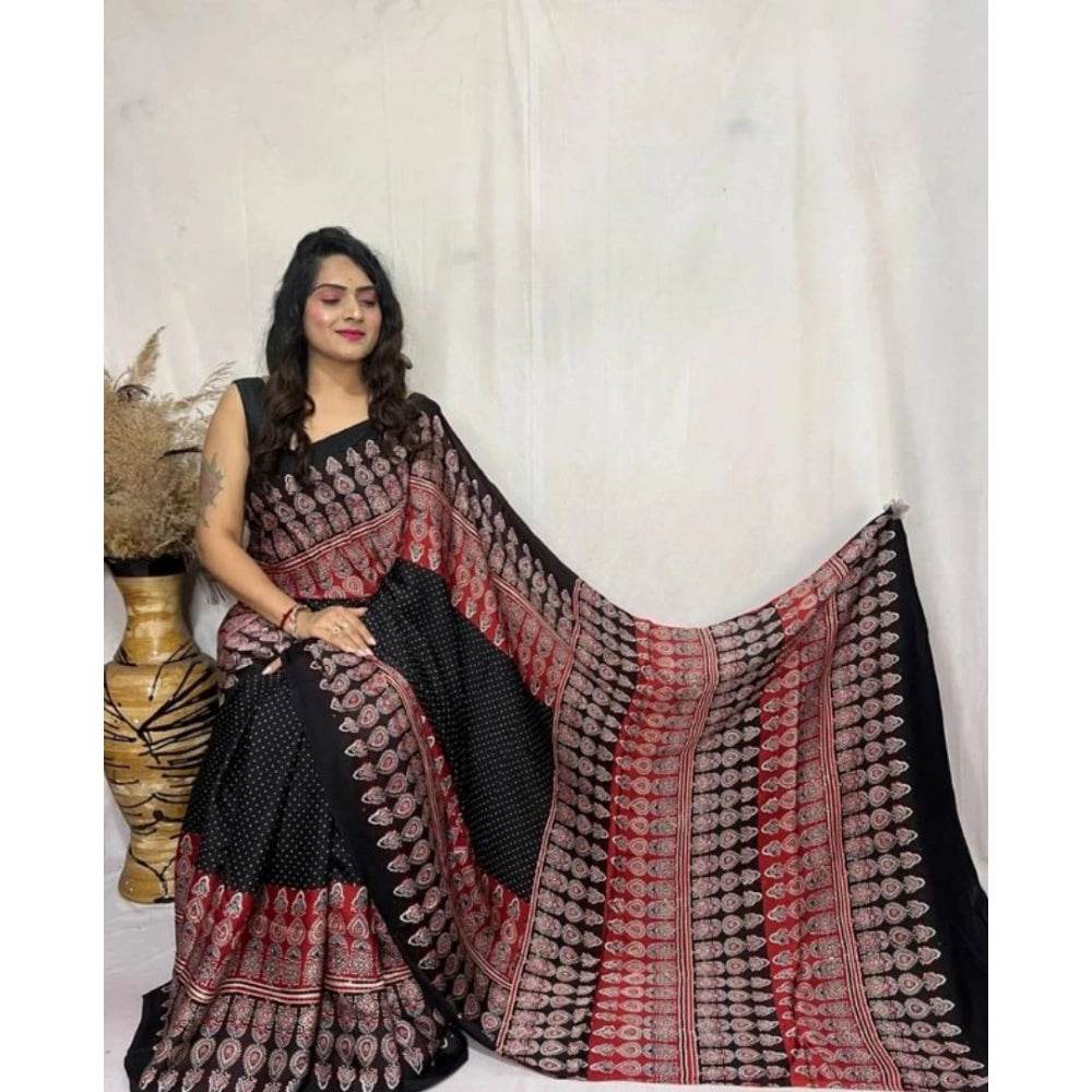 Generic Women's Satin Printed Saree With Unstitched Blouse 5.5Mtr (Black) - MYLUXURY LANE ENTERPRISE
