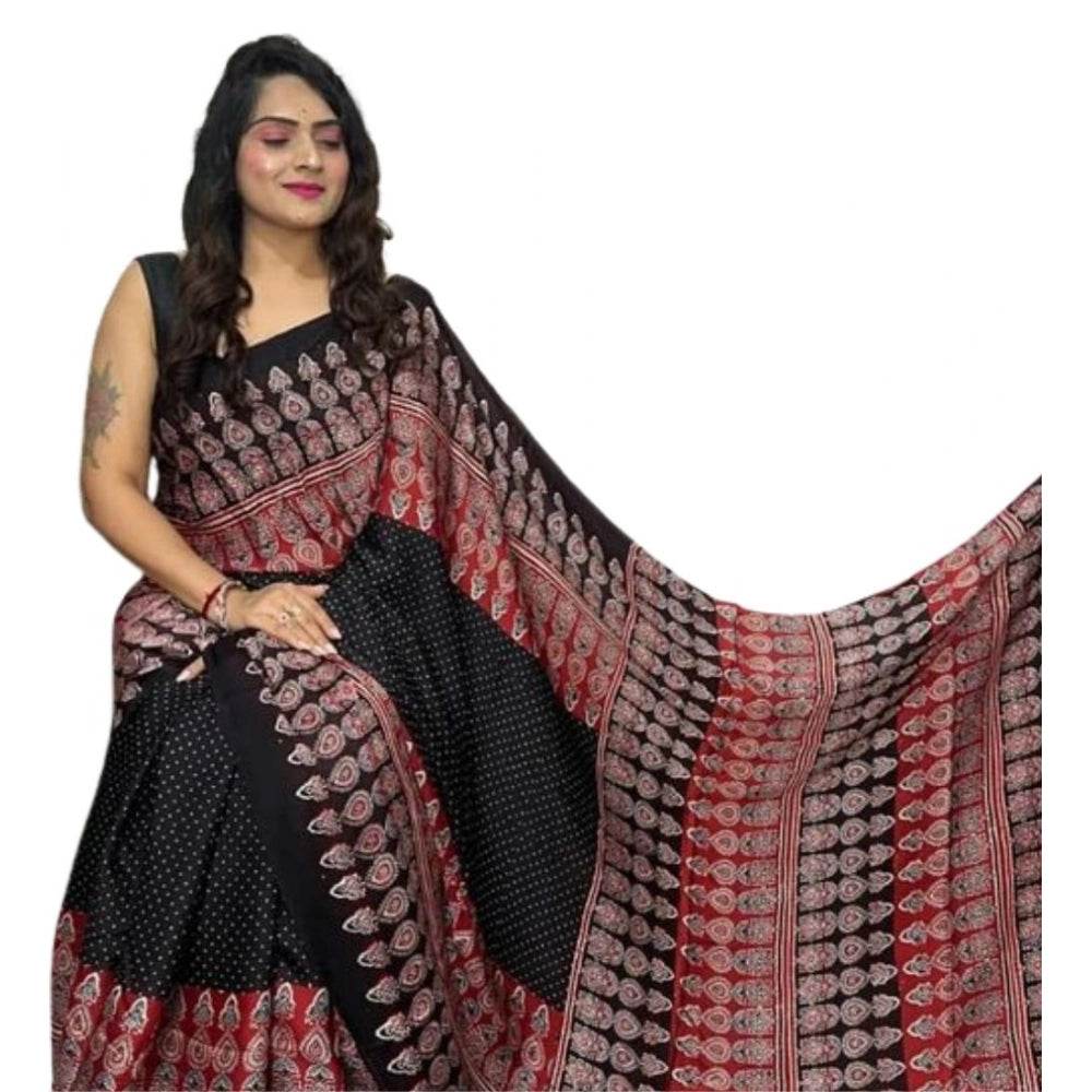 Generic Women's Satin Printed Saree With Unstitched Blouse 5.5Mtr (Black) - MYLUXURY LANE ENTERPRISE