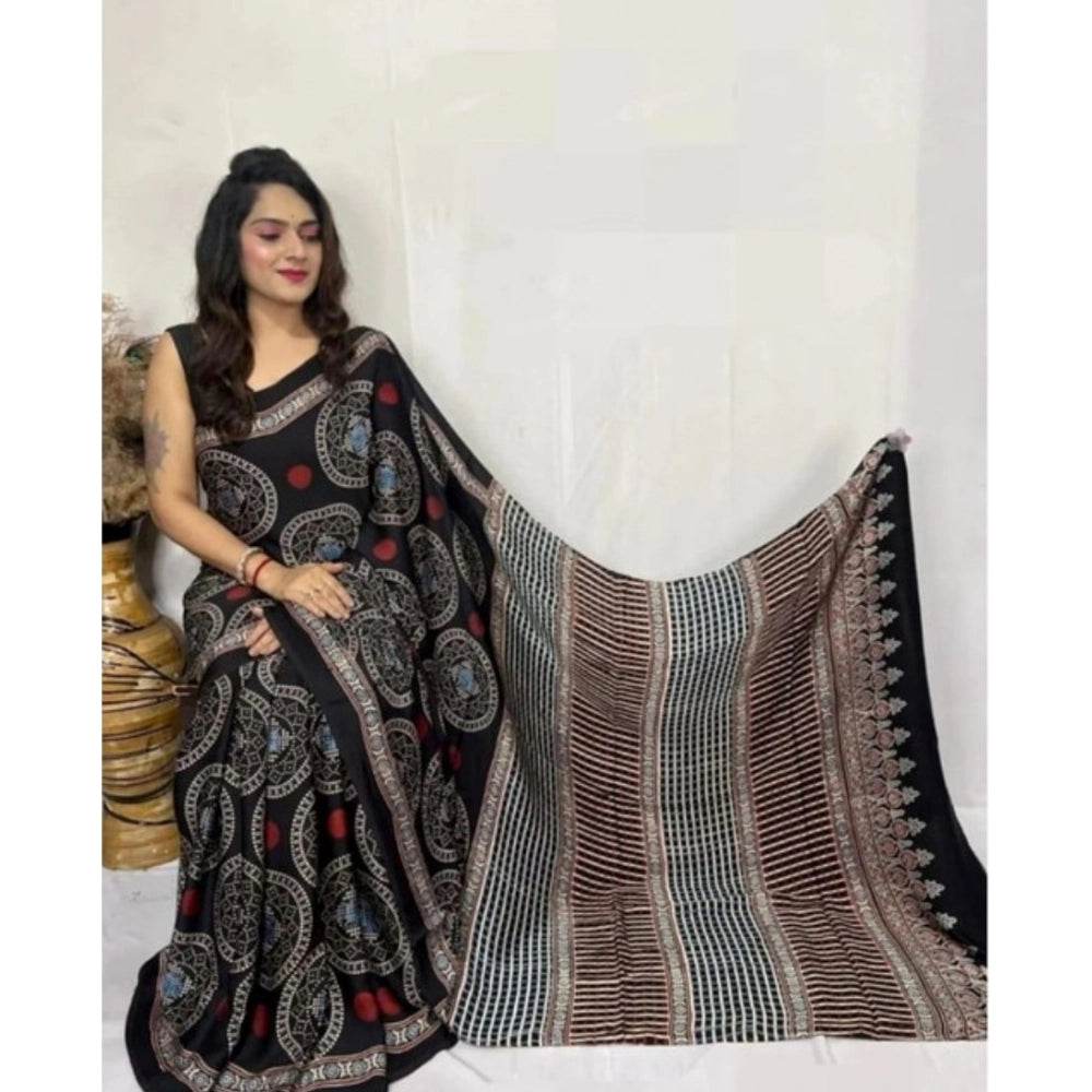 Generic Women's Satin Printed Saree With Unstitched Blouse 5.5Mtr (Black) - MYLUXURY LANE ENTERPRISE