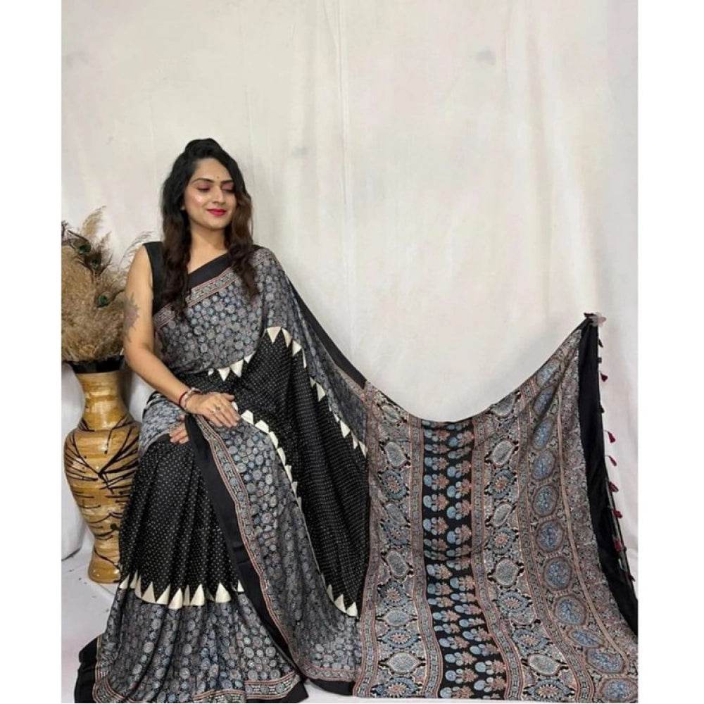 Generic Women's Satin Printed Saree With Unstitched Blouse 5.5Mtr (Black) - MYLUXURY LANE ENTERPRISE