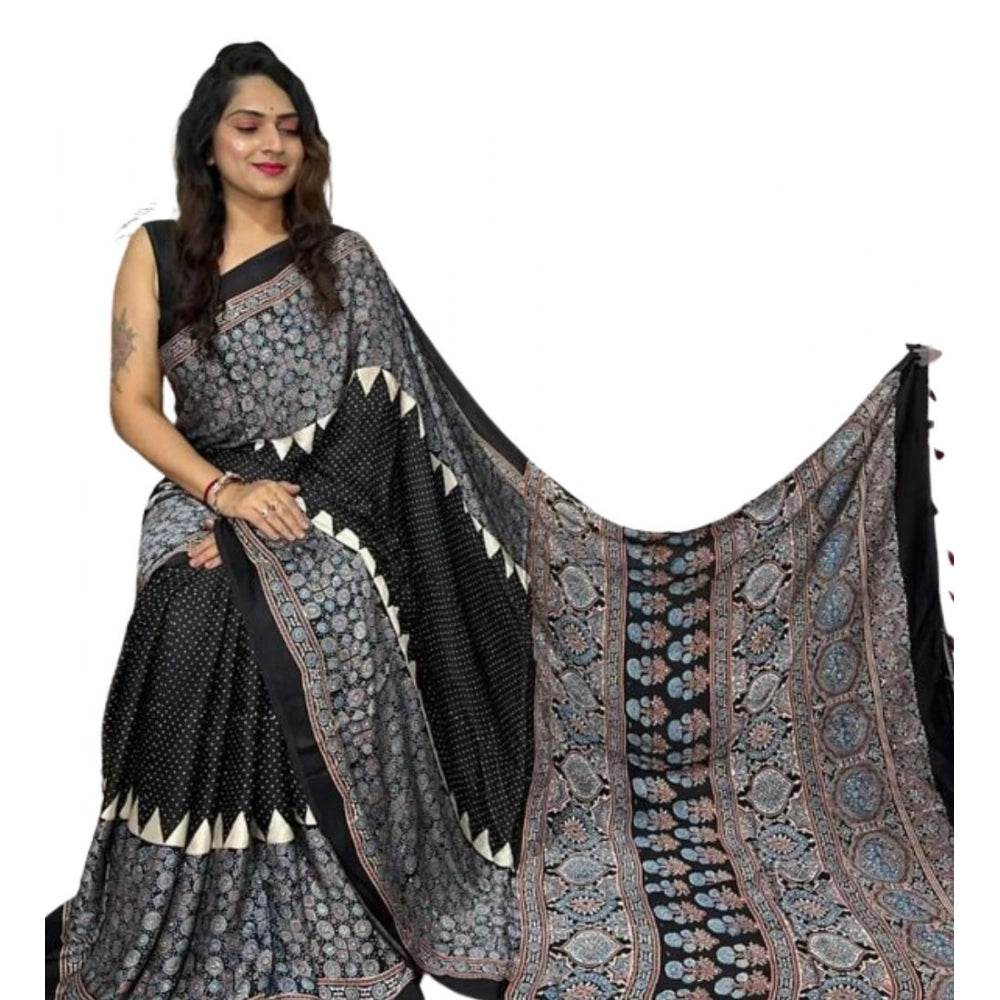 Generic Women's Satin Printed Saree With Unstitched Blouse 5.5Mtr (Black) - MYLUXURY LANE ENTERPRISE