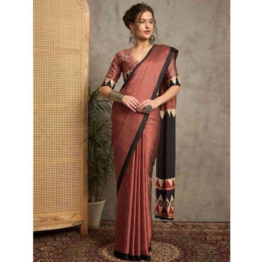 Generic Women's Satin Printed Saree With Unstitched Blouse 5.5Mtr (Black) - MYLUXURY LANE ENTERPRISE