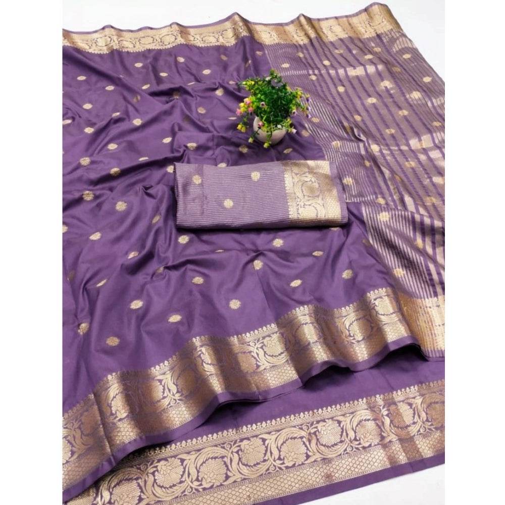 Generic Women's Jacquard Silk Jaquard Woven Saree With Unstitched Blouse 5.5Mtr (Purple) - MYLUXURY LANE ENTERPRISE