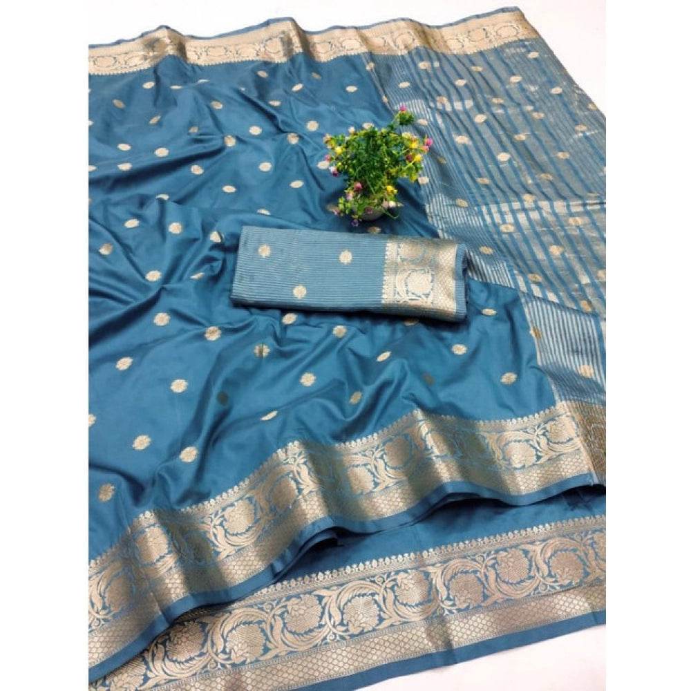 Generic Women's Jacquard Silk Jaquard Woven Saree With Unstitched Blouse 5.5Mtr (Light Blue) - MYLUXURY LANE ENTERPRISE