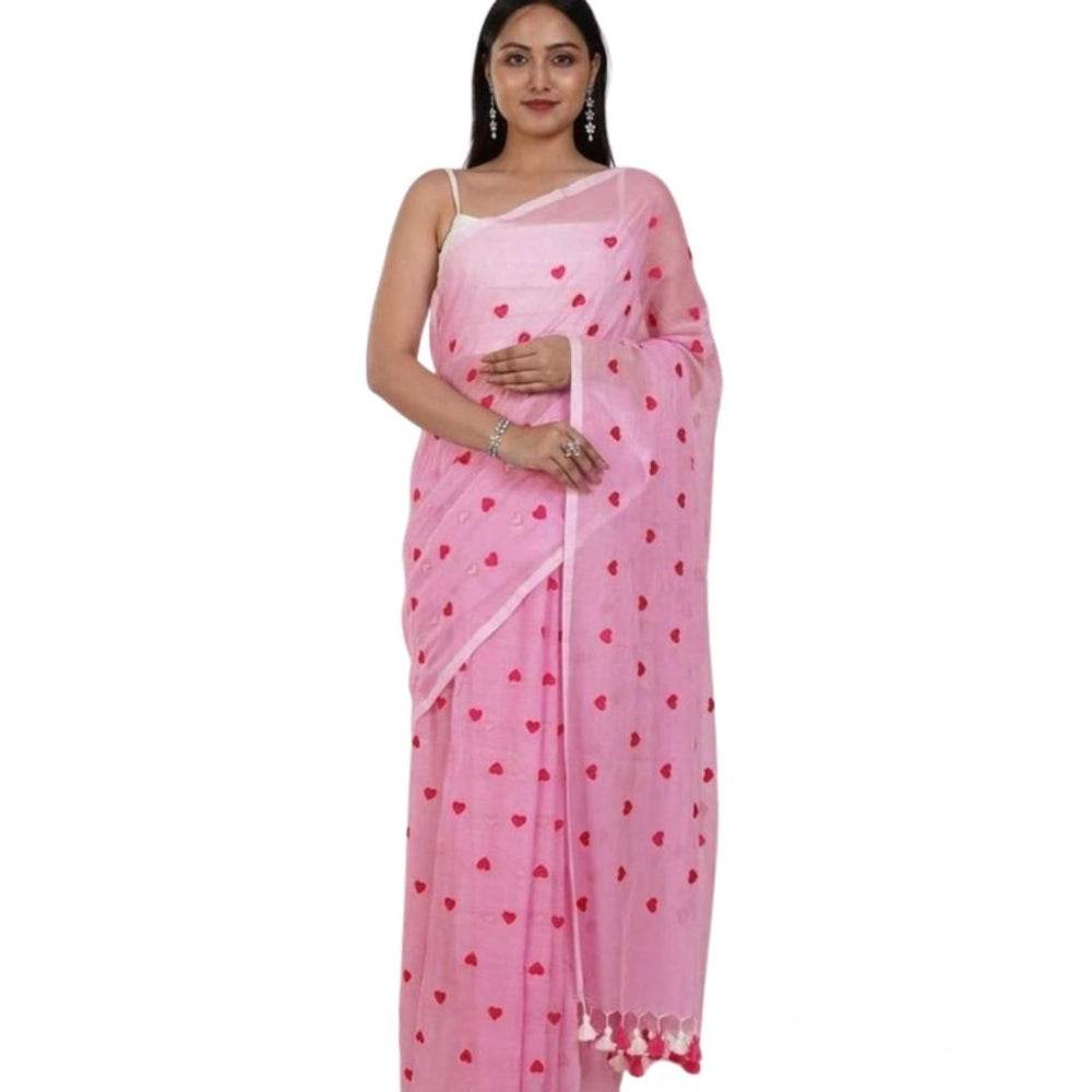 Generic Women's Linen Printed Saree With Unstitched Blouse 5.5Mtr (Pink) - MYLUXURY LANE ENTERPRISE