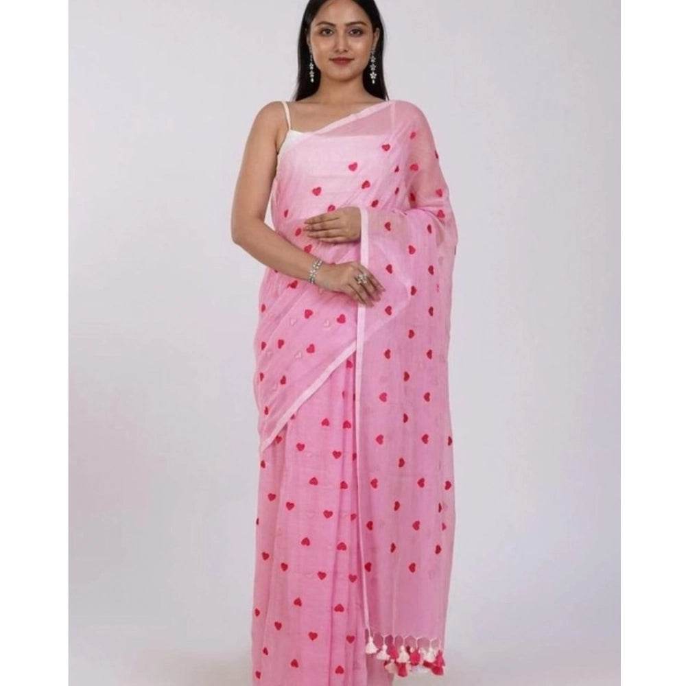 Generic Women's Linen Printed Saree With Unstitched Blouse 5.5Mtr (Pink) - MYLUXURY LANE ENTERPRISE