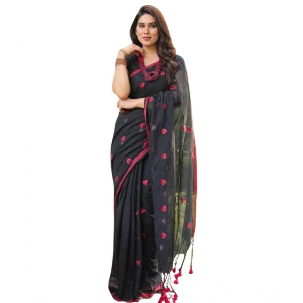 Generic Women's Linen Printed Saree With Unstitched Blouse 5.5Mtr (Black) - MYLUXURY LANE ENTERPRISE