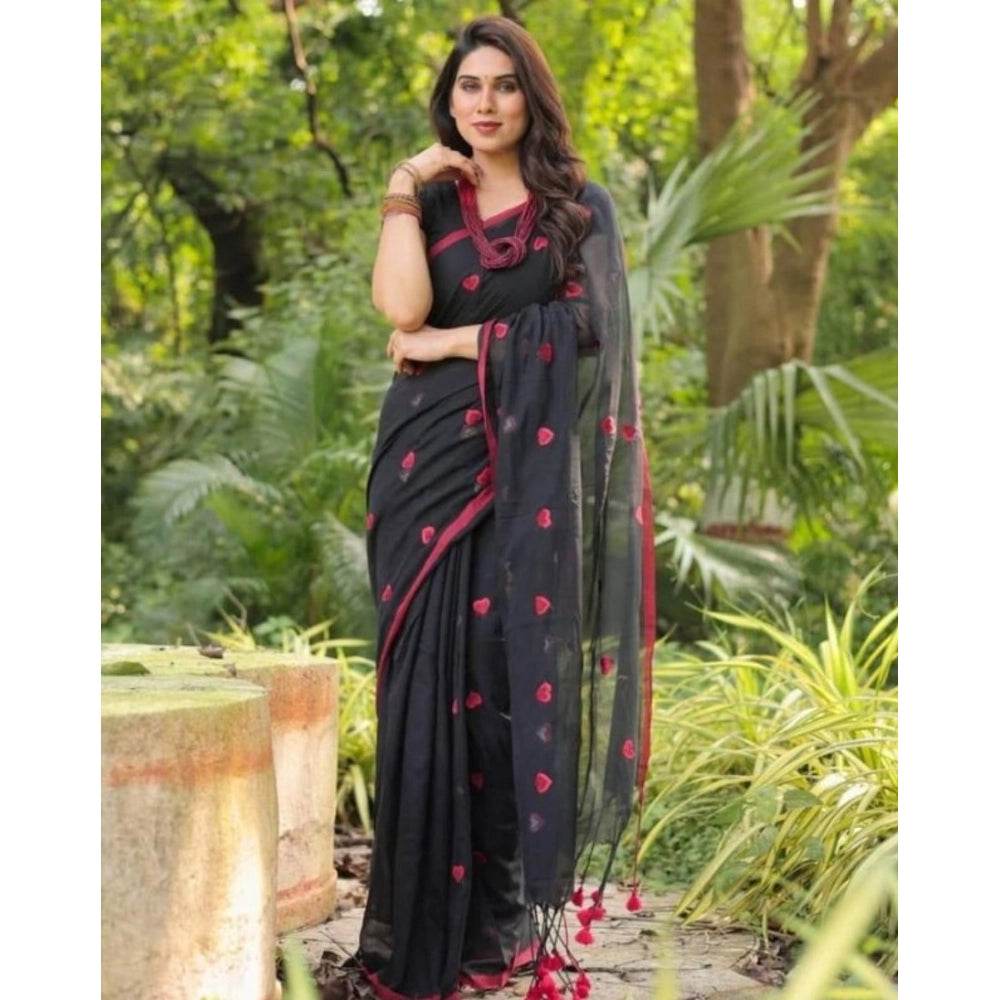 Generic Women's Linen Printed Saree With Unstitched Blouse 5.5Mtr (Black) - MYLUXURY LANE ENTERPRISE