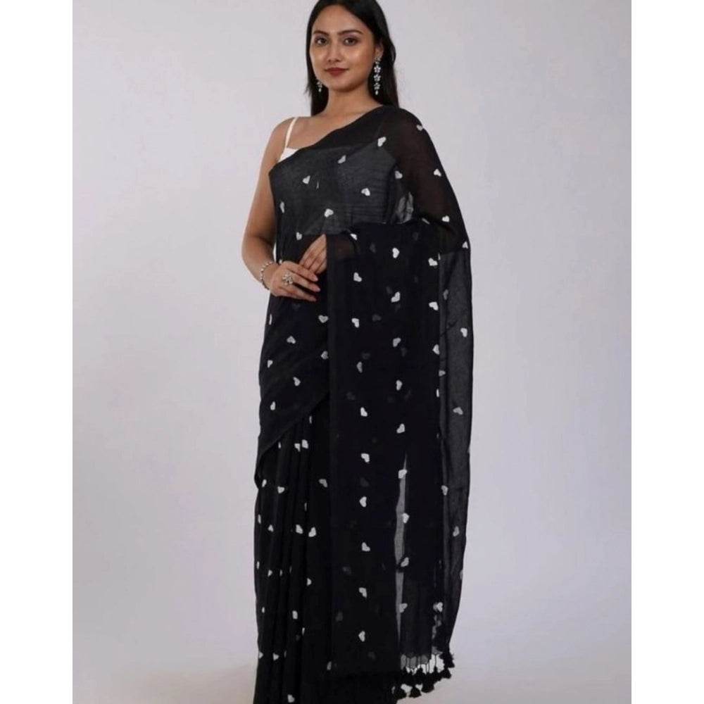 Generic Women's Linen Printed Saree With Unstitched Blouse 5.5Mtr (Black) - MYLUXURY LANE ENTERPRISE