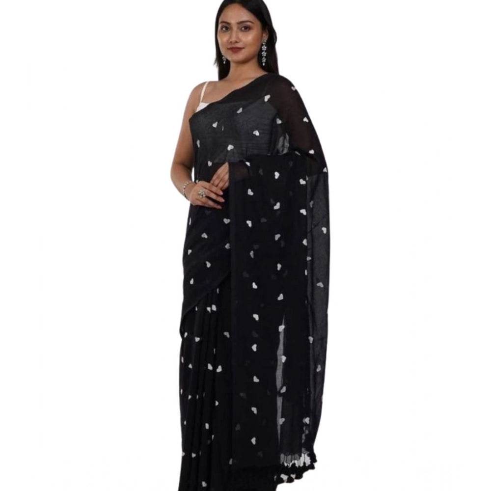 Generic Women's Linen Printed Saree With Unstitched Blouse 5.5Mtr (Black) - MYLUXURY LANE ENTERPRISE