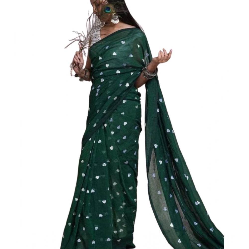 Generic Women's Linen Printed Saree With Unstitched Blouse 5.5Mtr (Green) - MYLUXURY LANE ENTERPRISE