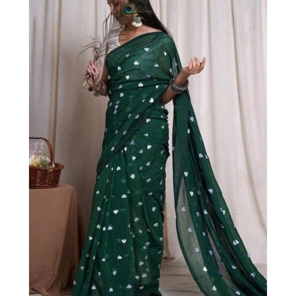 Generic Women's Linen Printed Saree With Unstitched Blouse 5.5Mtr (Green) - MYLUXURY LANE ENTERPRISE