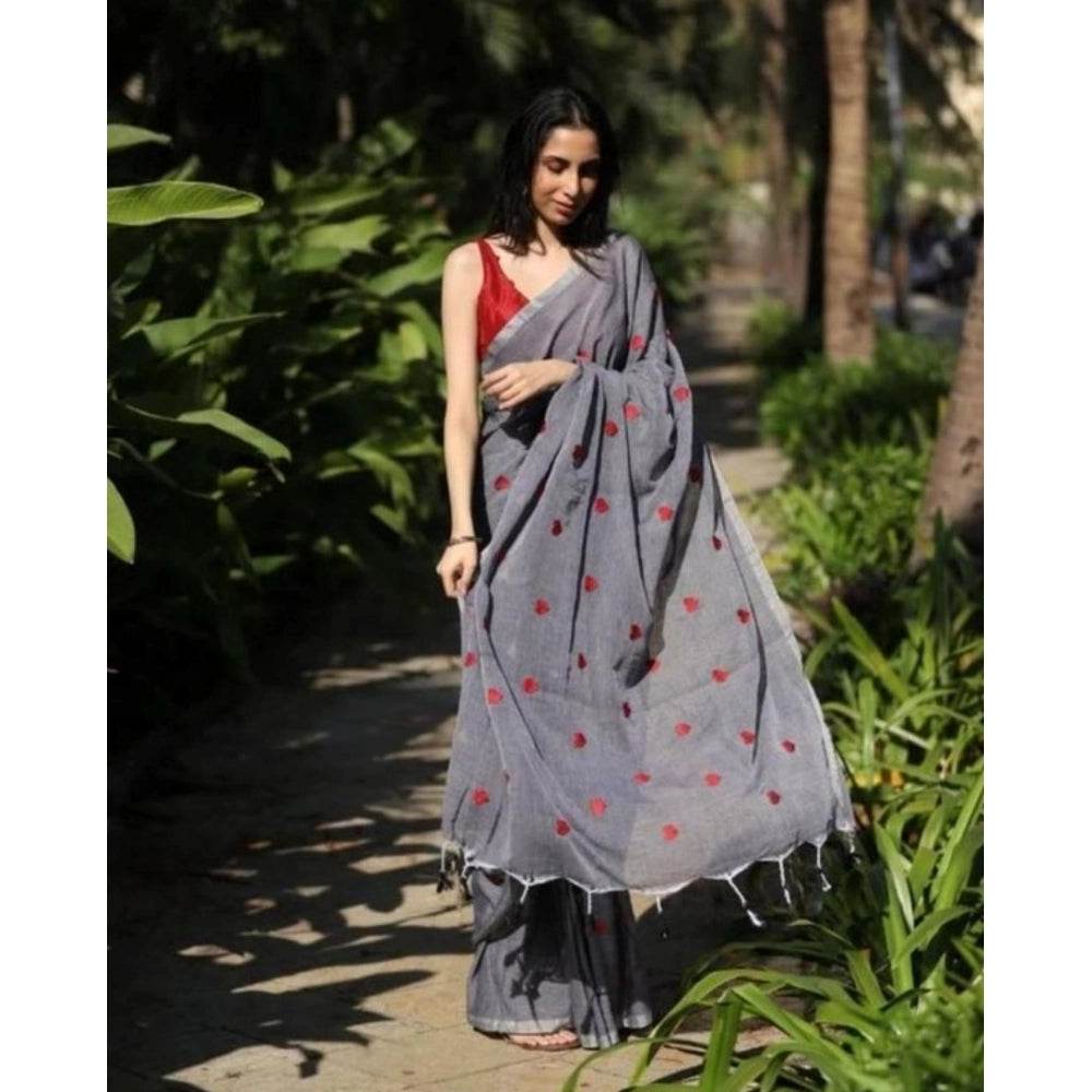 Generic Women's Linen Printed Saree With Unstitched Blouse 5.5Mtr (Grey) - MYLUXURY LANE ENTERPRISE