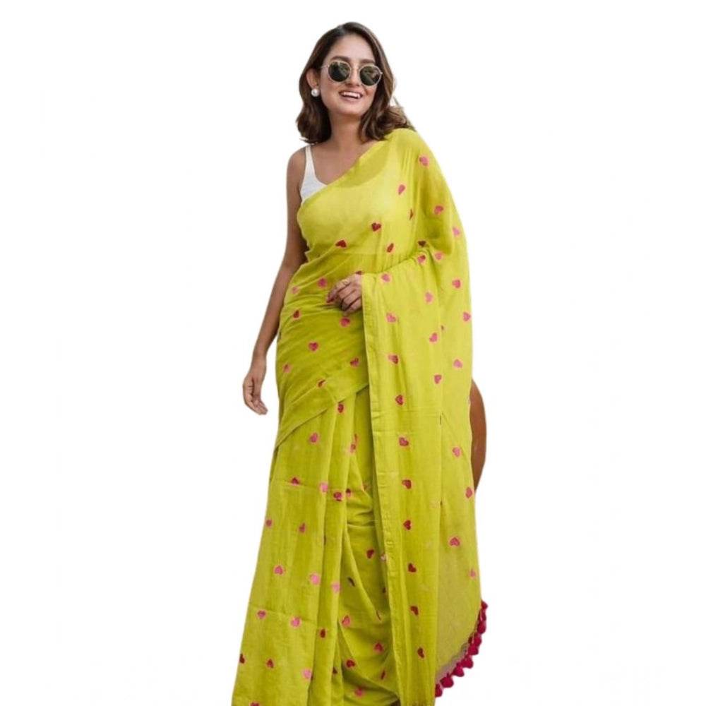 Generic Women's Linen Printed Saree With Unstitched Blouse 5.5Mtr (Light Green) - MYLUXURY LANE ENTERPRISE