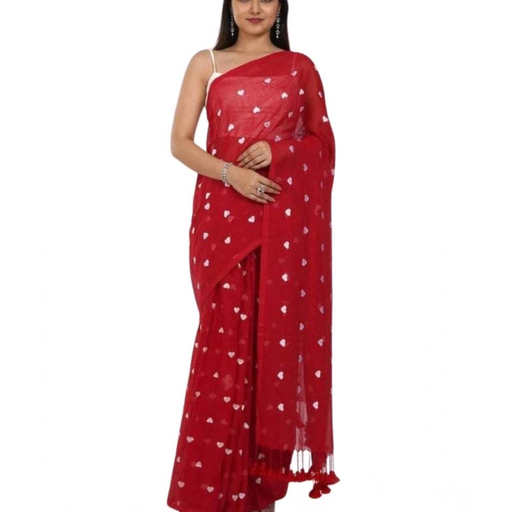 Generic Women's Linen Printed Saree With Unstitched Blouse 5.5Mtr (Red) - MYLUXURY LANE ENTERPRISE