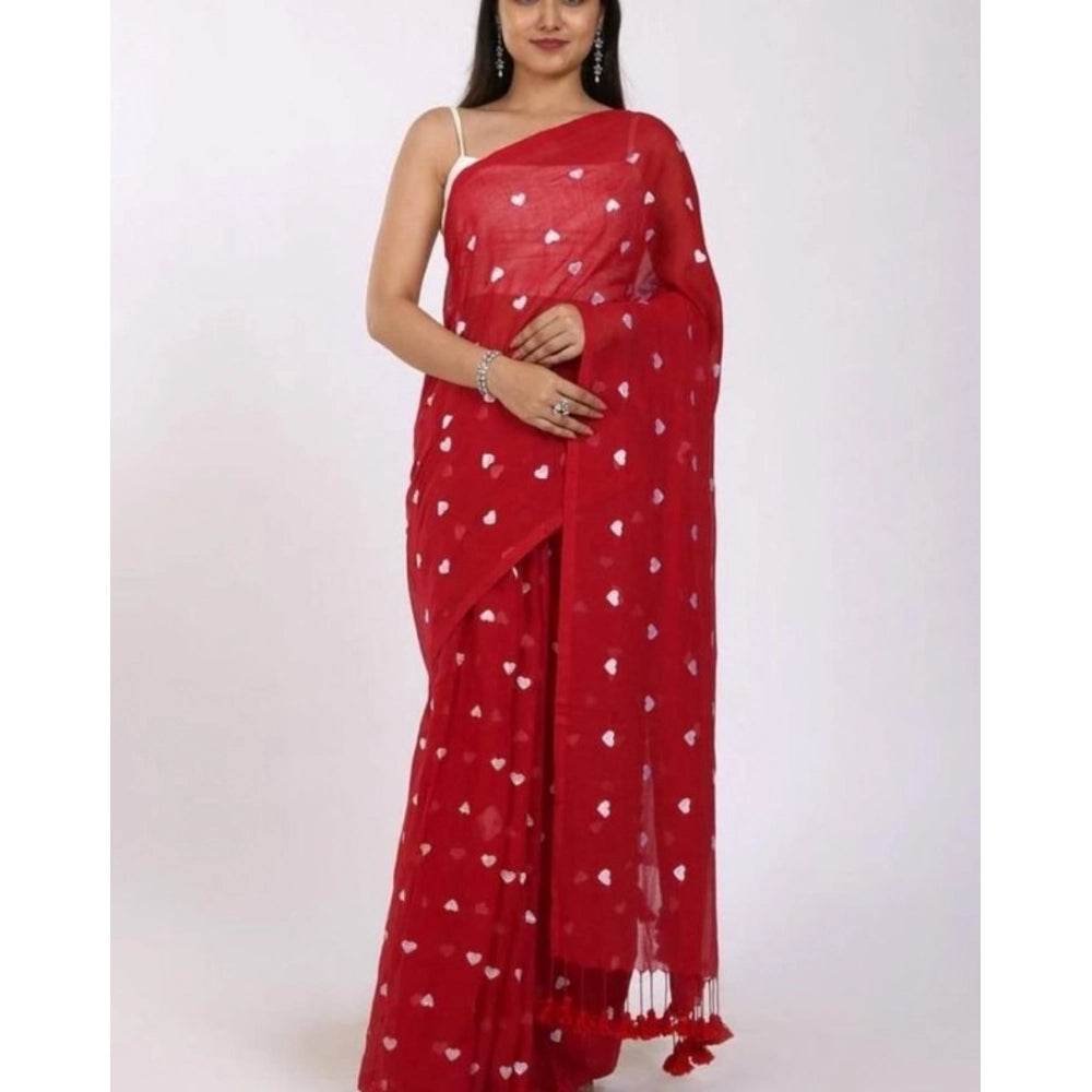 Generic Women's Linen Printed Saree With Unstitched Blouse 5.5Mtr (Red) - MYLUXURY LANE ENTERPRISE