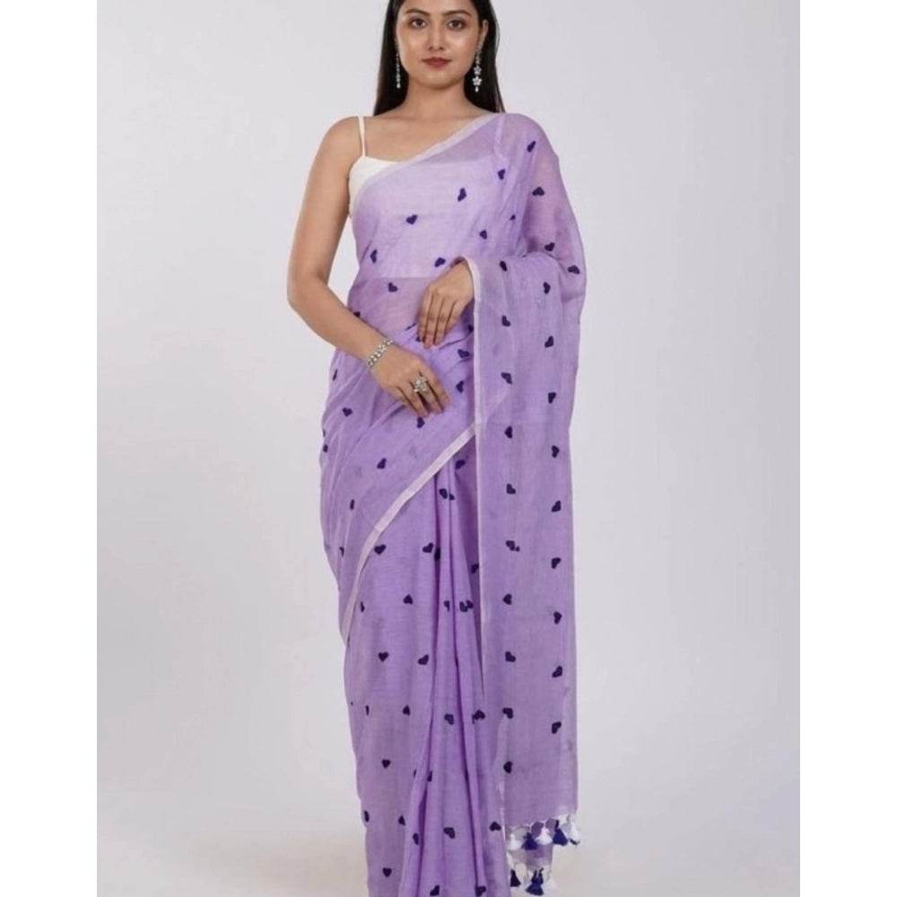Generic Women's Linen Printed Saree With Unstitched Blouse 5.5Mtr (Purple) - MYLUXURY LANE ENTERPRISE