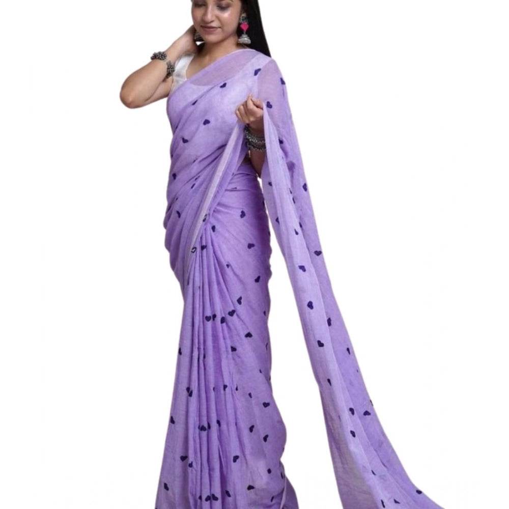 Generic Women's Linen Printed Saree With Unstitched Blouse 5.5Mtr (Purple) - MYLUXURY LANE ENTERPRISE
