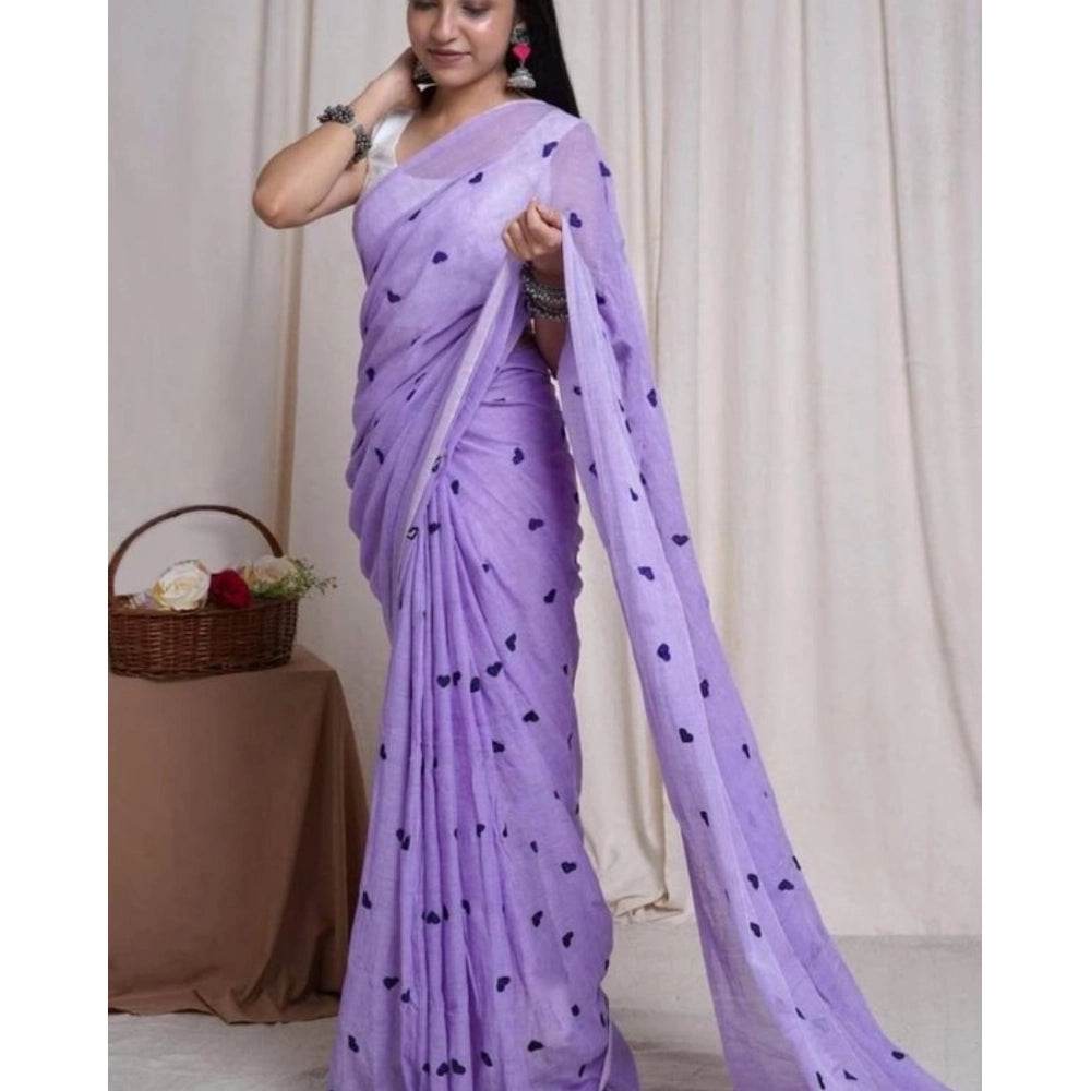 Generic Women's Linen Printed Saree With Unstitched Blouse 5.5Mtr (Purple) - MYLUXURY LANE ENTERPRISE