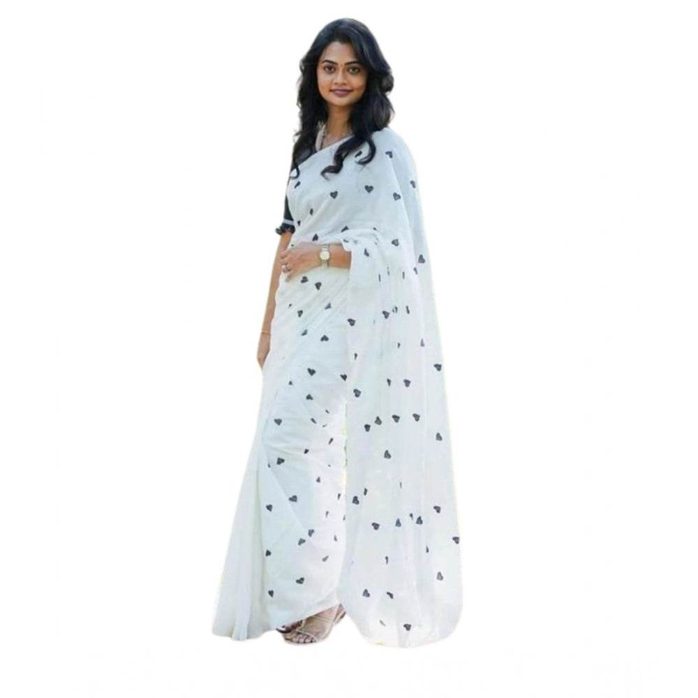 Generic Women's Linen Printed Saree With Unstitched Blouse 5.5Mtr (White) - MYLUXURY LANE ENTERPRISE