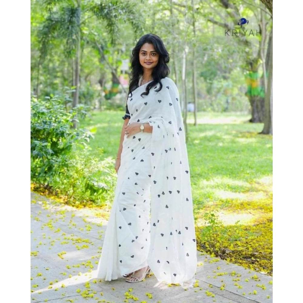 Generic Women's Linen Printed Saree With Unstitched Blouse 5.5Mtr (White) - MYLUXURY LANE ENTERPRISE