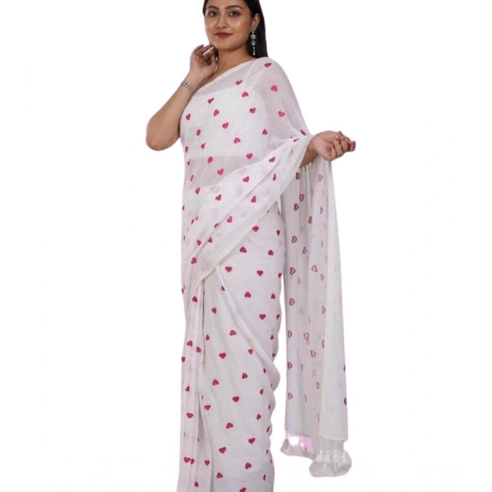 Generic Women's Linen Printed Saree With Unstitched Blouse 5.5Mtr (White) - MYLUXURY LANE ENTERPRISE
