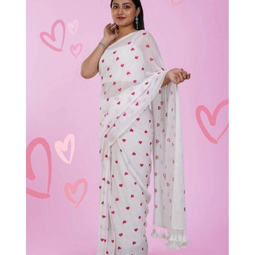 Generic Women's Linen Printed Saree With Unstitched Blouse 5.5Mtr (White) - MYLUXURY LANE ENTERPRISE