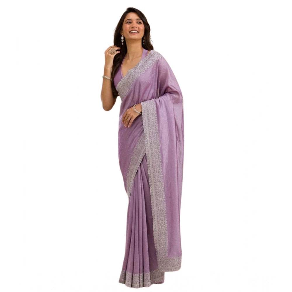 Generic Women's Silk Embroidred Saree With Unstitched Blouse 5.5Mtr (Purple) - MYLUXURY LANE ENTERPRISE