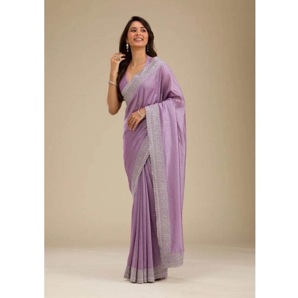 Generic Women's Silk Embroidred Saree With Unstitched Blouse 5.5Mtr (Purple) - MYLUXURY LANE ENTERPRISE