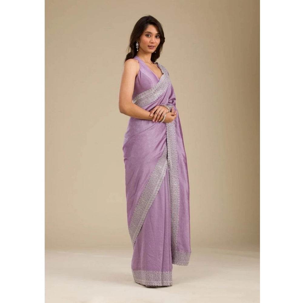 Generic Women's Silk Embroidred Saree With Unstitched Blouse 5.5Mtr (Purple) - MYLUXURY LANE ENTERPRISE