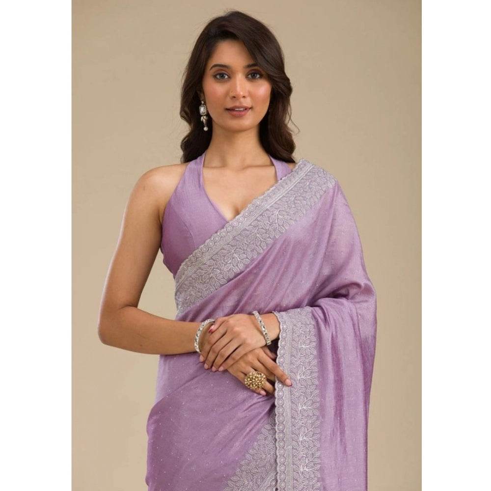 Generic Women's Silk Embroidred Saree With Unstitched Blouse 5.5Mtr (Purple) - MYLUXURY LANE ENTERPRISE