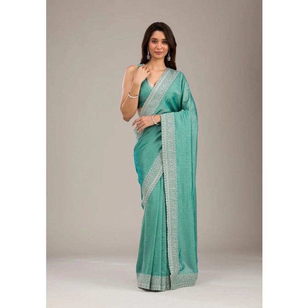 Generic Women's Silk Embroidred Saree With Unstitched Blouse 5.5Mtr (Light Green) - MYLUXURY LANE ENTERPRISE