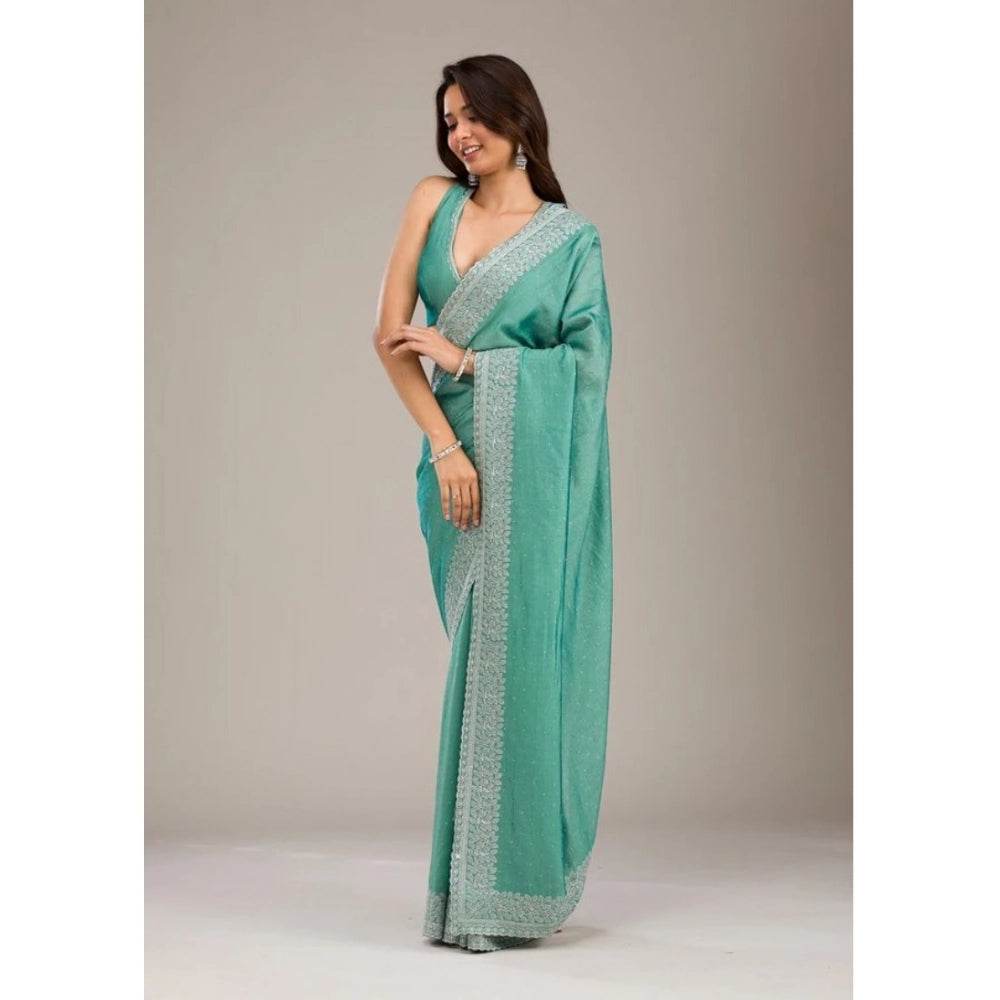 Generic Women's Silk Embroidred Saree With Unstitched Blouse 5.5Mtr (Light Green) - MYLUXURY LANE ENTERPRISE