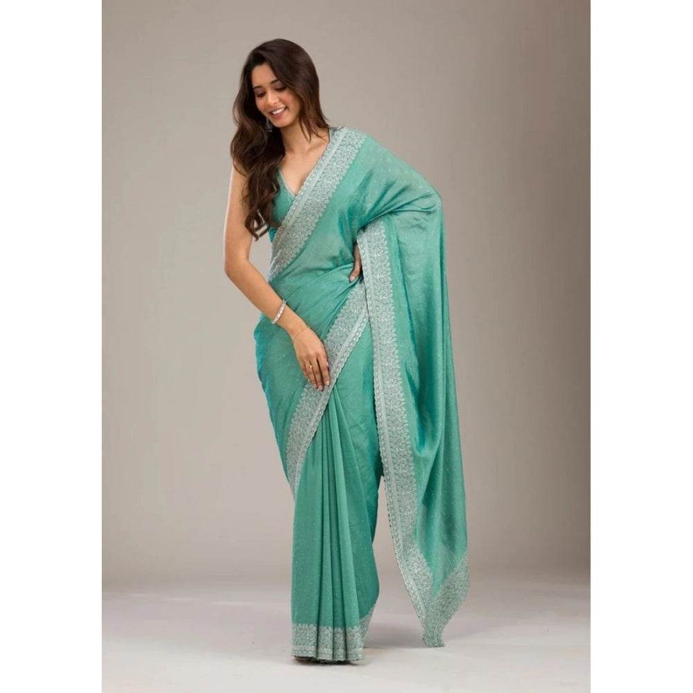 Generic Women's Silk Embroidred Saree With Unstitched Blouse 5.5Mtr (Light Green) - MYLUXURY LANE ENTERPRISE