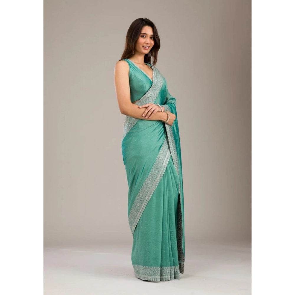 Generic Women's Silk Embroidred Saree With Unstitched Blouse 5.5Mtr (Light Green) - MYLUXURY LANE ENTERPRISE