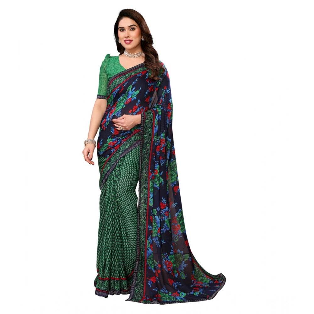 Generic Women's Georgette Printed Saree With Unstitched Blouse 5.5Mtr (Green) - MYLUXURY LANE ENTERPRISE