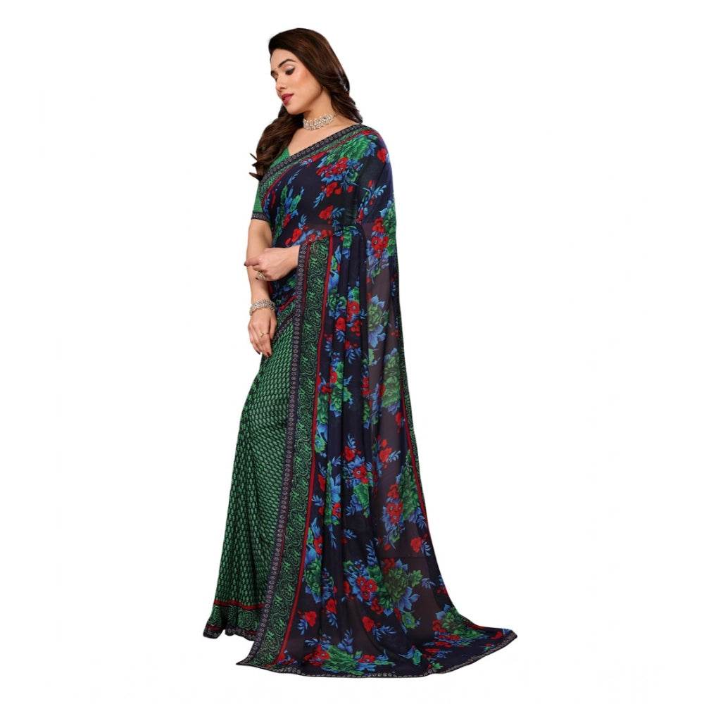 Generic Women's Georgette Printed Saree With Unstitched Blouse 5.5Mtr (Green) - MYLUXURY LANE ENTERPRISE