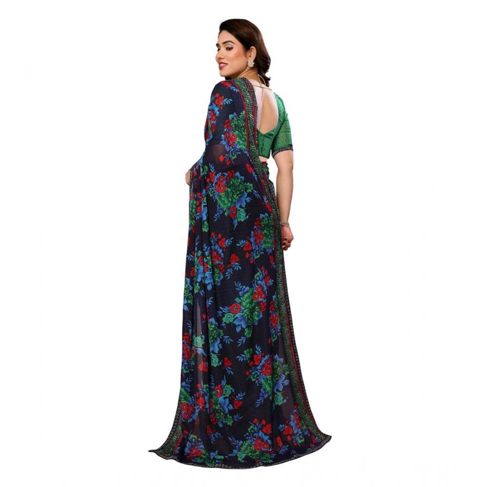 Generic Women's Georgette Printed Saree With Unstitched Blouse 5.5Mtr (Green) - MYLUXURY LANE ENTERPRISE