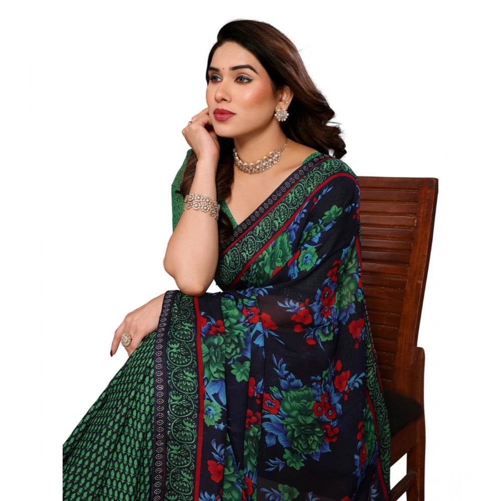 Generic Women's Georgette Printed Saree With Unstitched Blouse 5.5Mtr (Green) - MYLUXURY LANE ENTERPRISE