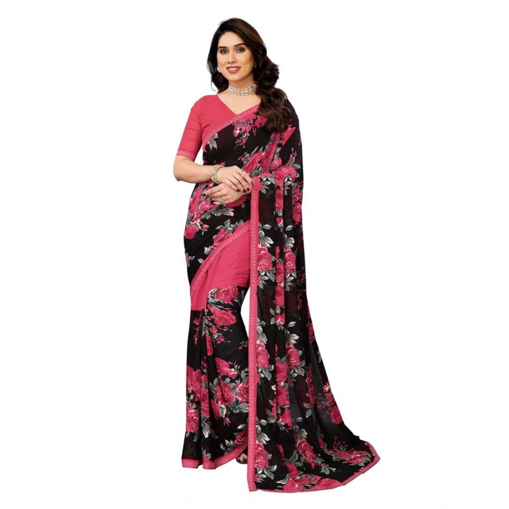 Generic Women's Georgette Printed Saree With Unstitched Blouse 5.5Mtr (Pink) - MYLUXURY LANE ENTERPRISE