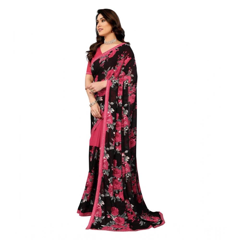 Generic Women's Georgette Printed Saree With Unstitched Blouse 5.5Mtr (Pink) - MYLUXURY LANE ENTERPRISE